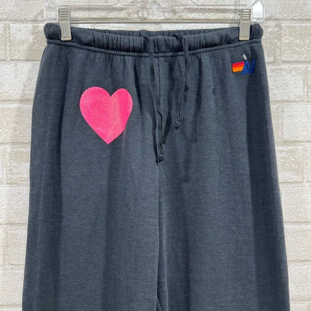 AVIATOR NATION Glitter Heart Sweatpants - Charcoal / Neon Pink  - Sz - Medium - Picture 3 of 9